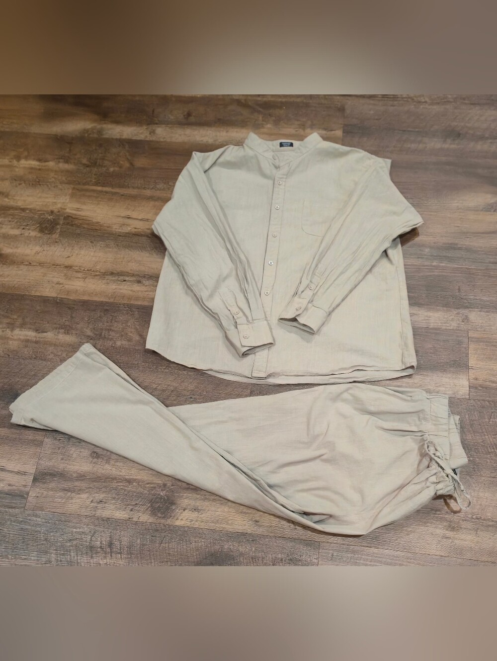 Men's 2-Piece Tan Cotton Button-Up Shirt and Drawstring Pants Set